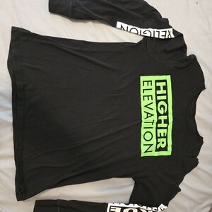 True Religion Black Long Sleeve Tee with Neon Green "Higher Elevation" Graphic